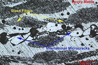 Testing results analytical image of composite materials layup with labels showing microstructure and crack propagation