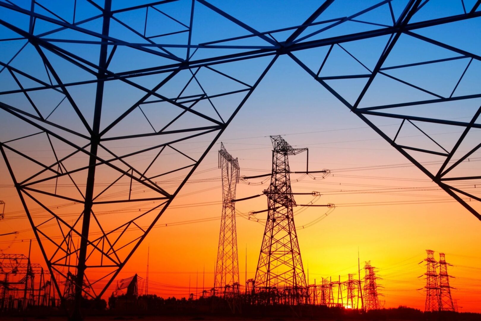 Sundown at the power plant- transmission lines and structures