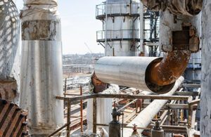 Petroleum refining facility transfer pipes showing corrosion