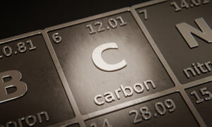 The symbol for Carbon from the periodic table of elements used in chemical analysis