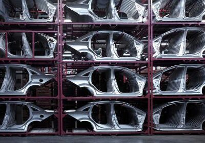 Symmetrical rack of unpainted automobile bodies in assembly plant