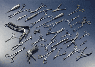 Medical clamps, suturing devices, and probes on blue gradient background